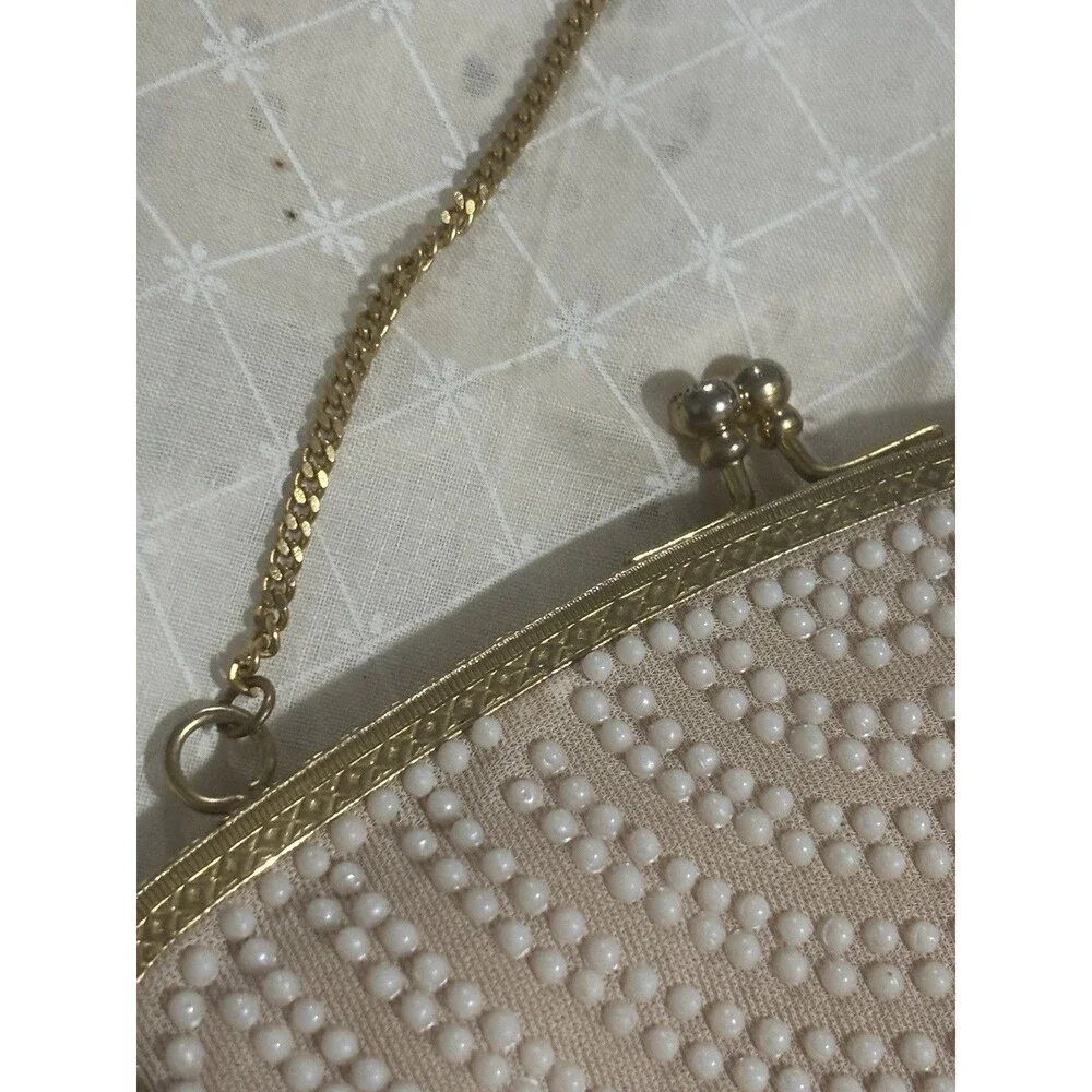 Vintage 1960s Beaded Floral Evening Bag Ivory Metal Frame Chain Strap Hong Kong
